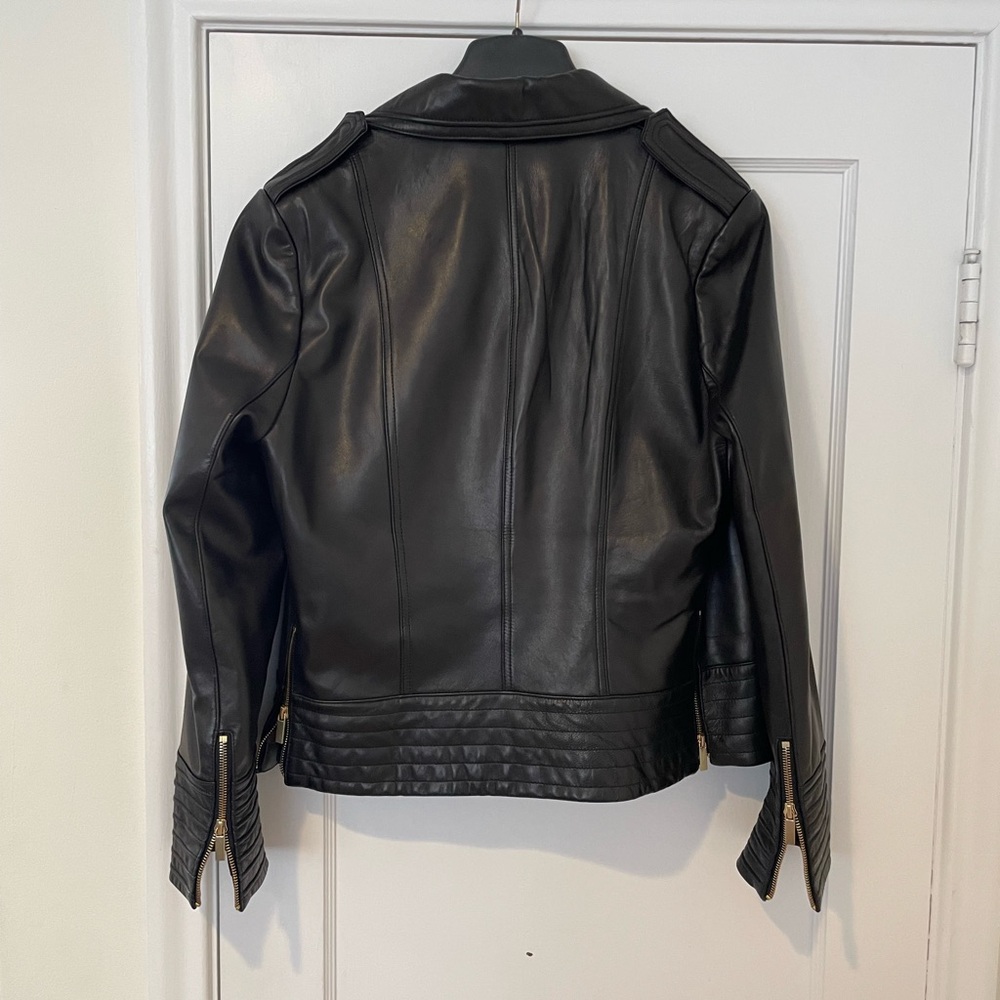 Badgley Mischka Black Leather Moto Jacket with Gold Accents - Picture 4 of 5